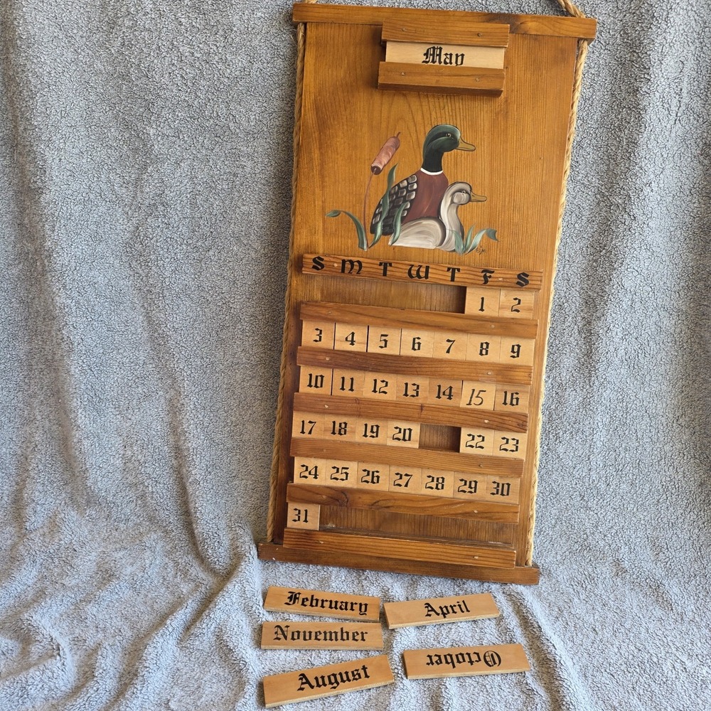 Vintage Wooden Perpetual Calendar Mallard Ducks Wall Hanging